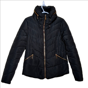 Kismet Women's Black Puffer Jacket with Golden Zippers and Hide a hood Size Sm